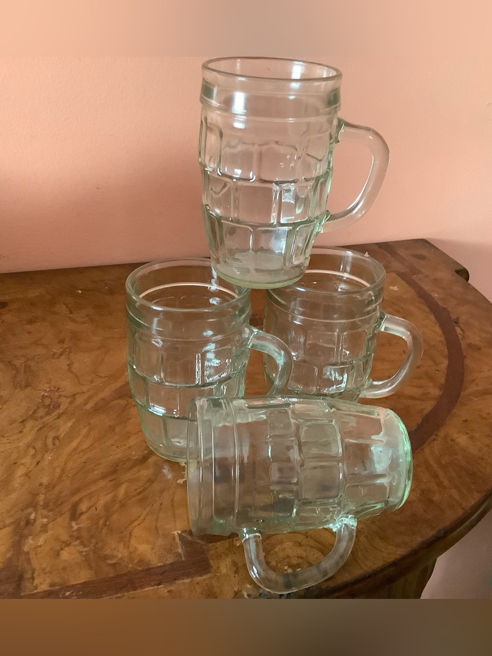 Vintage Barrel Glass Mugs Set Of 4  Block Pattern Handles Beer Root Beer Mugs